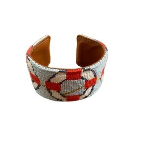 Nautically inspired needlepoint faux leather cuff , adjustable + made in the USA